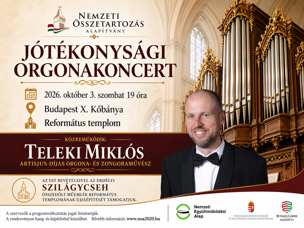 Különleges zenei élményre várják az érdeklődőket 2026. október 3-án, szombaton 19 órától a Budapest X. kerületi Kőbányai Református Templomban, ahol jótékonysági orgonakoncertre kerül sor.